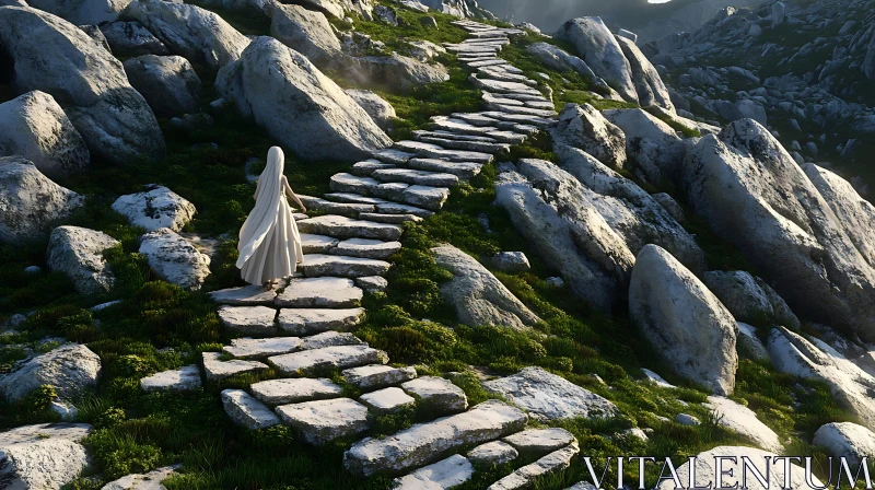 AI ART Mountain Path Serenity: A Woman's Journey