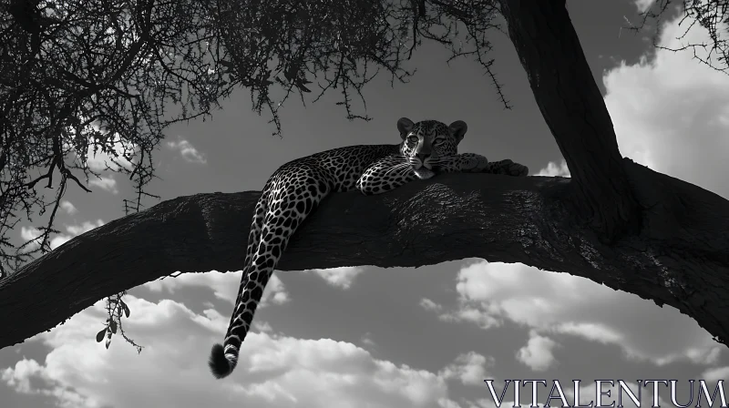 Monochrome Leopard on a Tree Branch AI Image