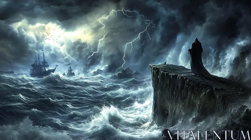 Stormy Seascape with Figure on Cliff AI Image