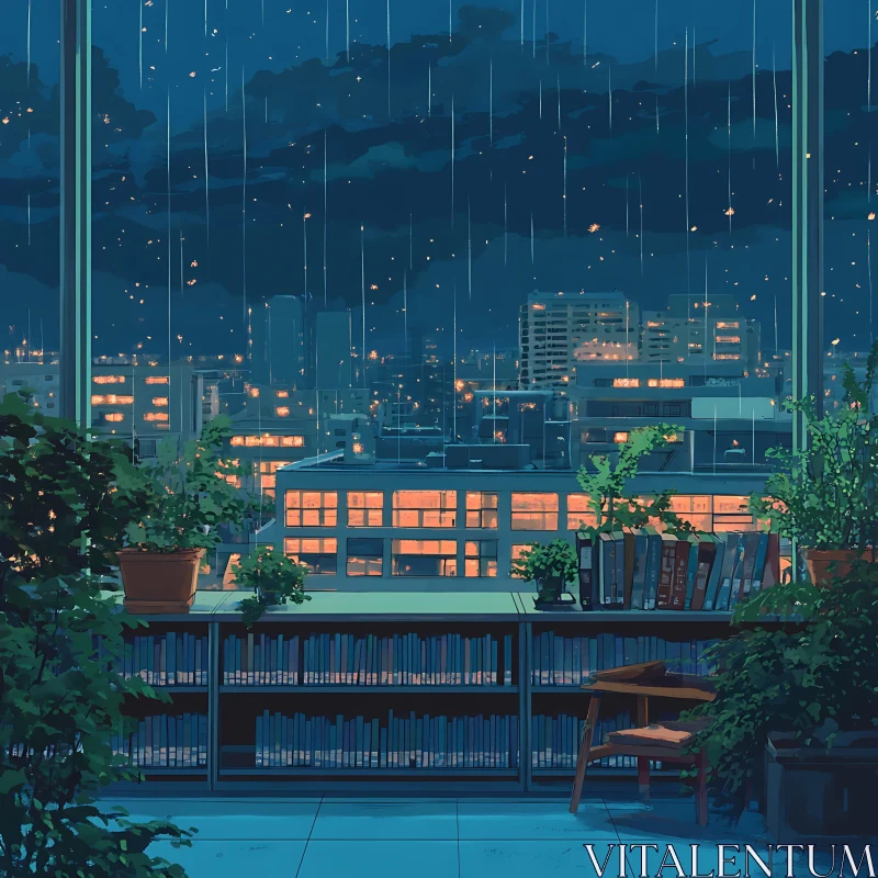 Peaceful Rainy Night in the City Library AI Image