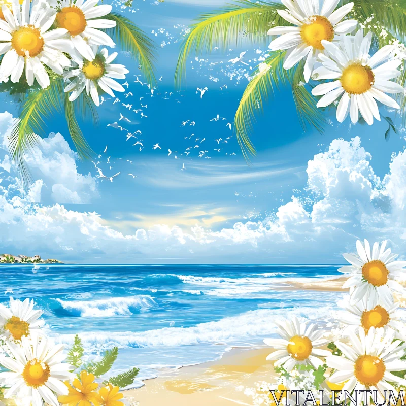 AI ART Floral Beach Scene with Blue Sky