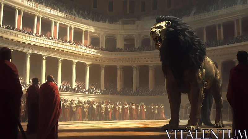 Golden Lion Roaring in Ancient Arena AI Image