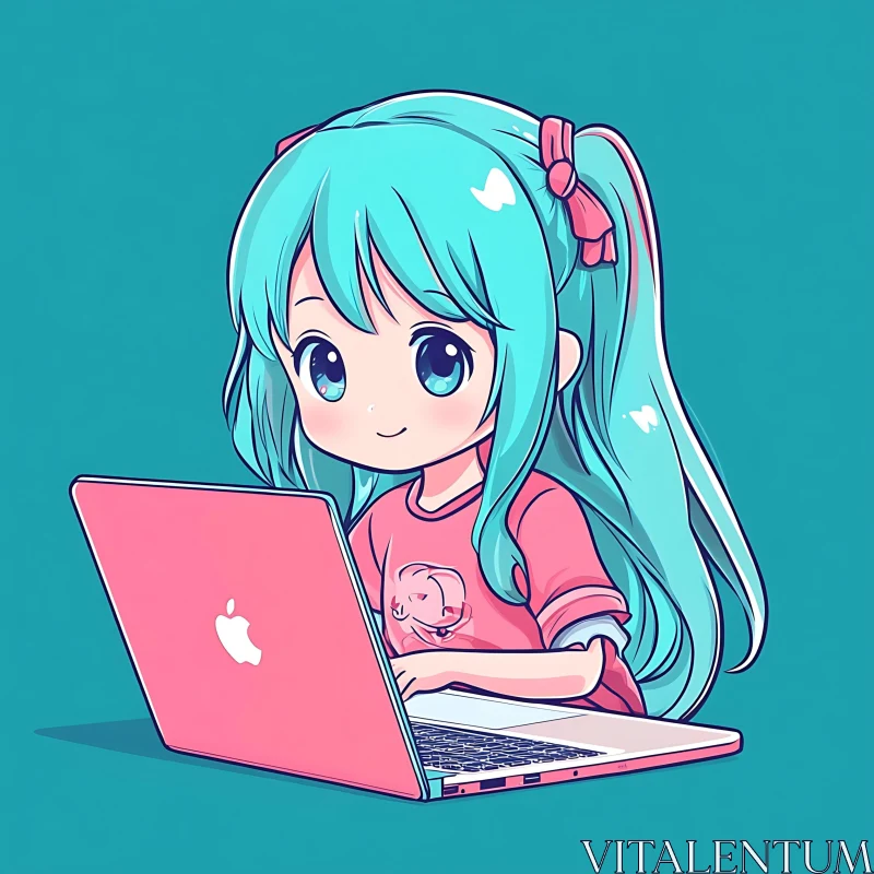 Cute Anime Girl with Turquoise Hair Using Laptop AI Image