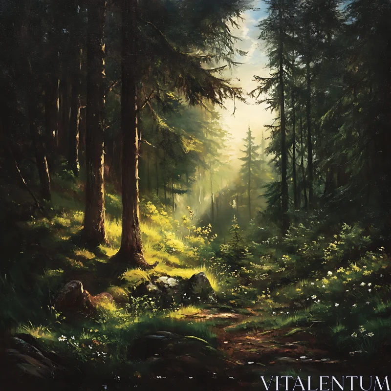 Sunlit Forest Pathway with Wild Flora AI Image