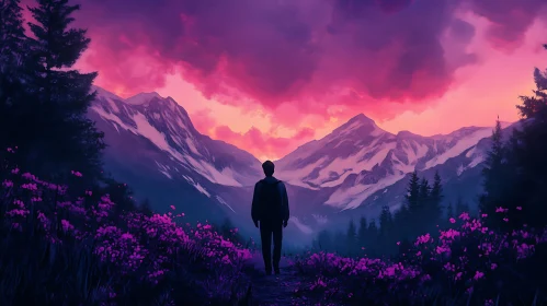 Man in nature landscape with sunset