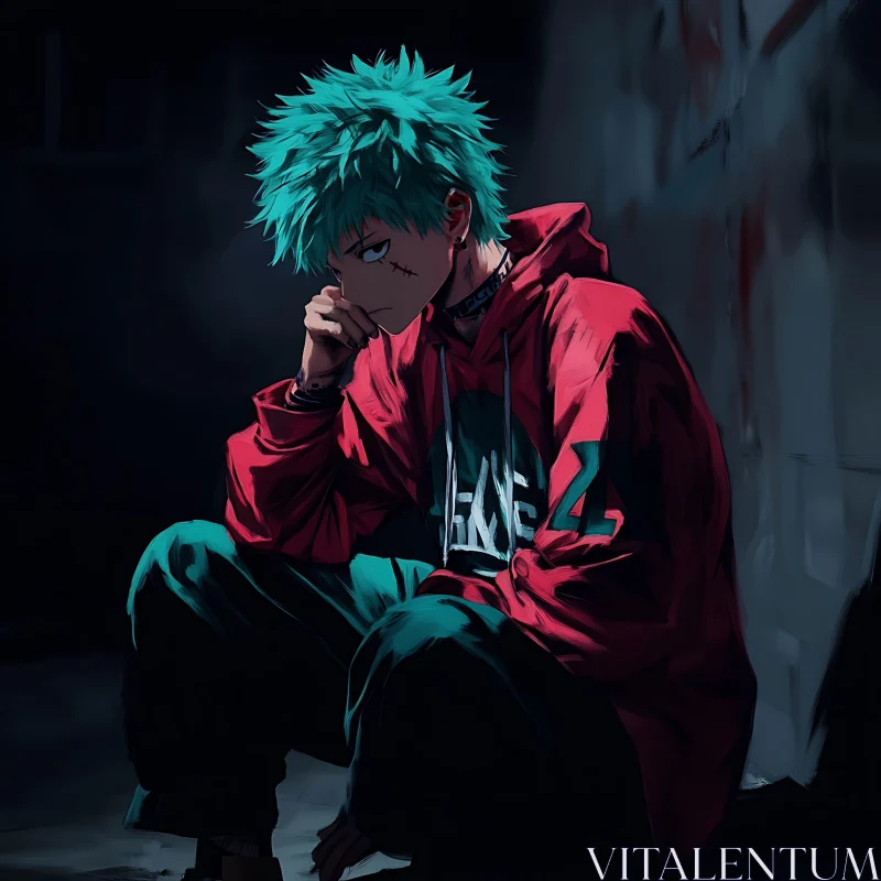 Contemplative Anime Character in Streetwear AI Image