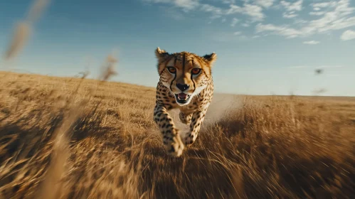 African Cheetah Running Through Golden Grassland