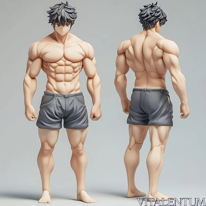 Detailed 3D Model of a Muscular Anime Character AI Image