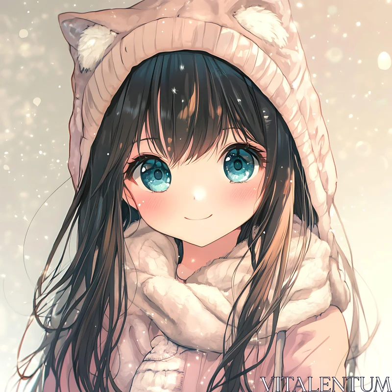 Adorable Anime Girl in Snowfall AI Image