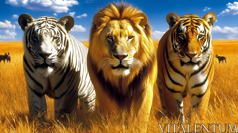 Lion and Tigers in Golden Field AI Image