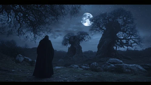 Moonlit trees with figure