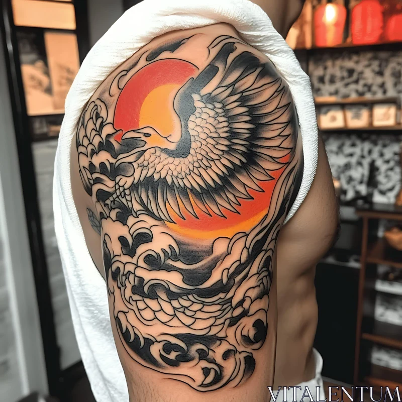 AI ART Shoulder Tattoo of Phoenix and Sunset