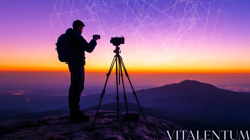 Photographer Capturing Sunset on Mountain Peak AI Image