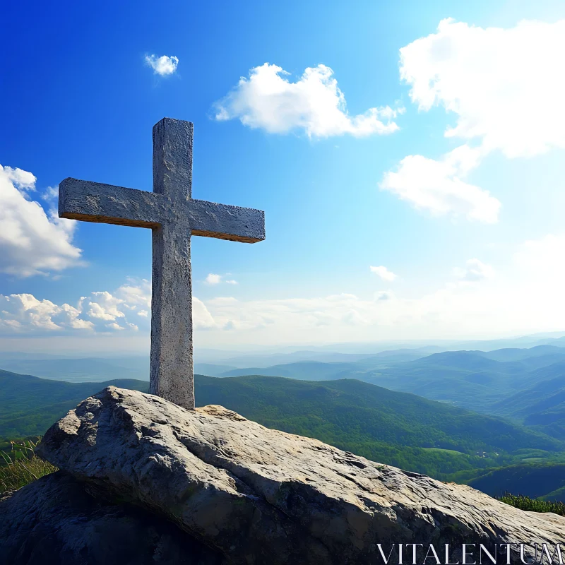 Cross Overlooking Mountain Landscape AI Image