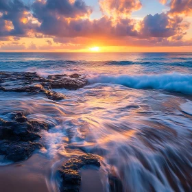 Coastal Sunset with Waves Crashing Rocks