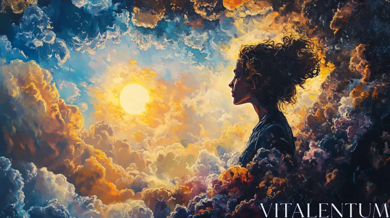 AI ART Silhouette of a Woman Amidst Vibrant Clouds and Sunlight