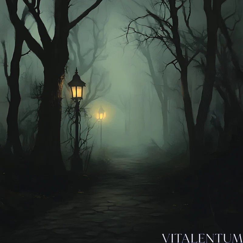 AI ART Mysterious Forest Path at Night with Lamps