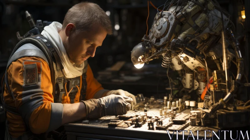 Engineer Assembling a Futuristic Robot in an Industrial Setting AI Image