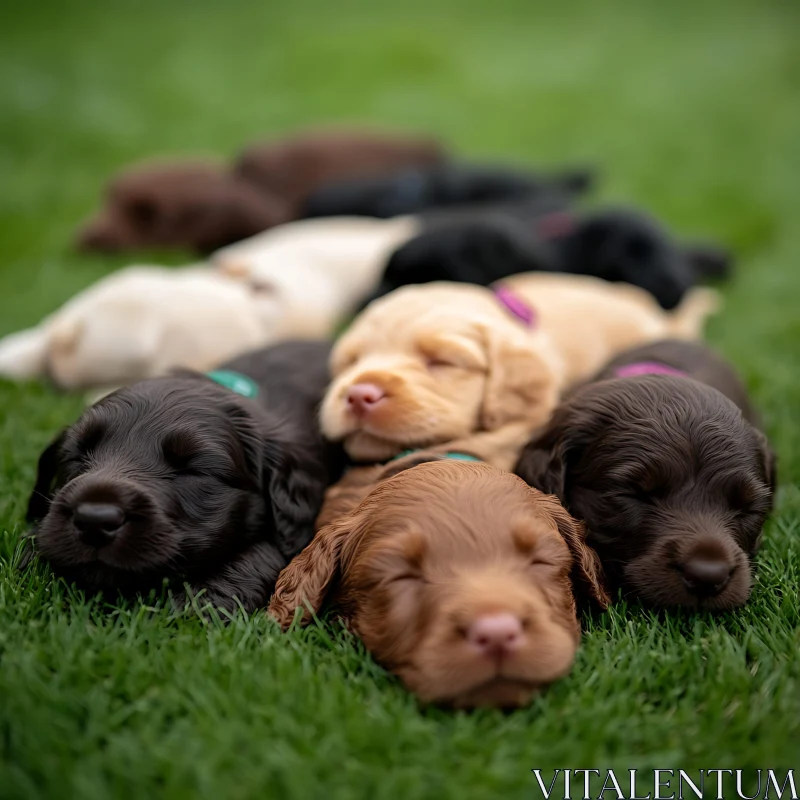 Puppies Nestled Together on Lawn AI Image