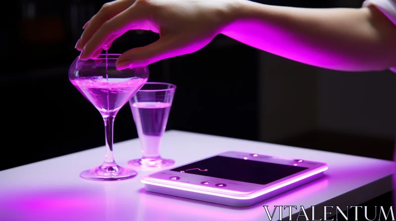 Neon-lit Glass on Table: A Fusion of Light and Elegance AI Image