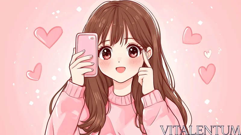 Anime Girl with Phone and Hearts
