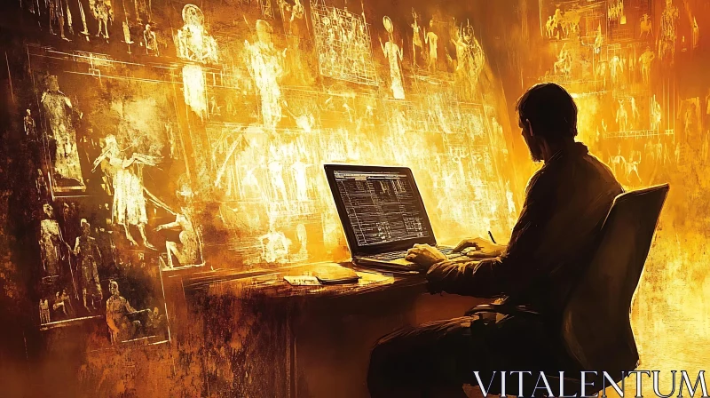 Man Coding with Ancient Wall Art