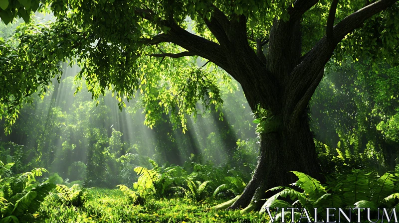 Tranquil Forest with Sunbeams and Greenery