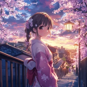 Cherry Blossom Anime Sunset Scene