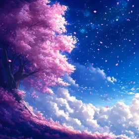 Serene Sakura Tree at Night with Falling Petals