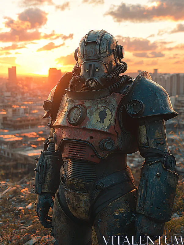 Cyborg in Armored Suit During Sunset
