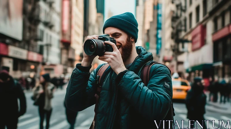 Man with Camera in Cityscape