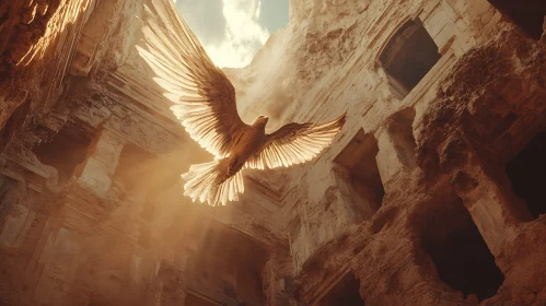 Soaring Bird Among Old Structures