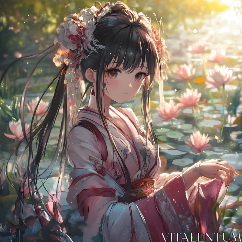 Anime Woman in Lotus Pond at Sunset