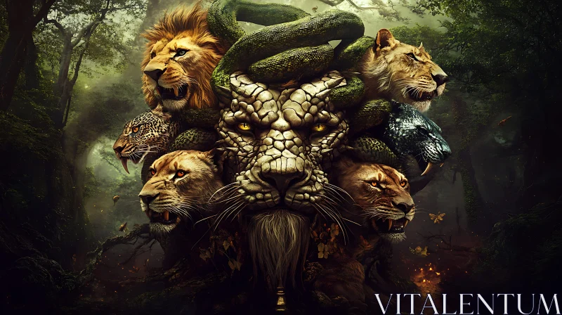 Lion Heads and Snake Composition