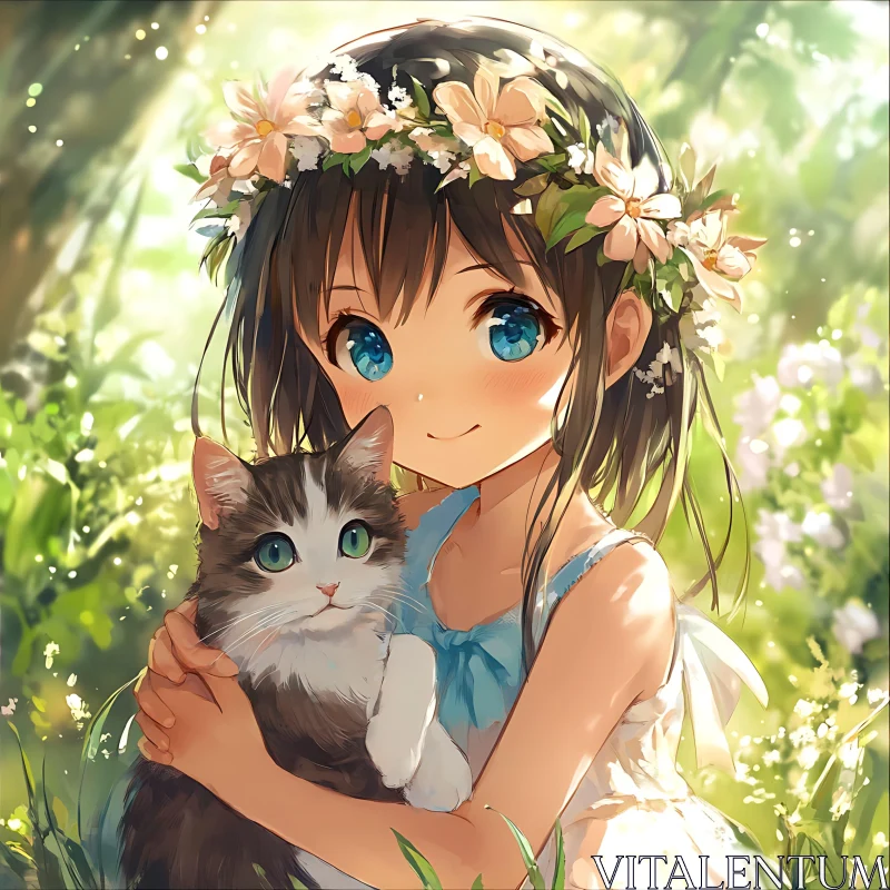 Anime Girl Holding Cat with Flower Crown