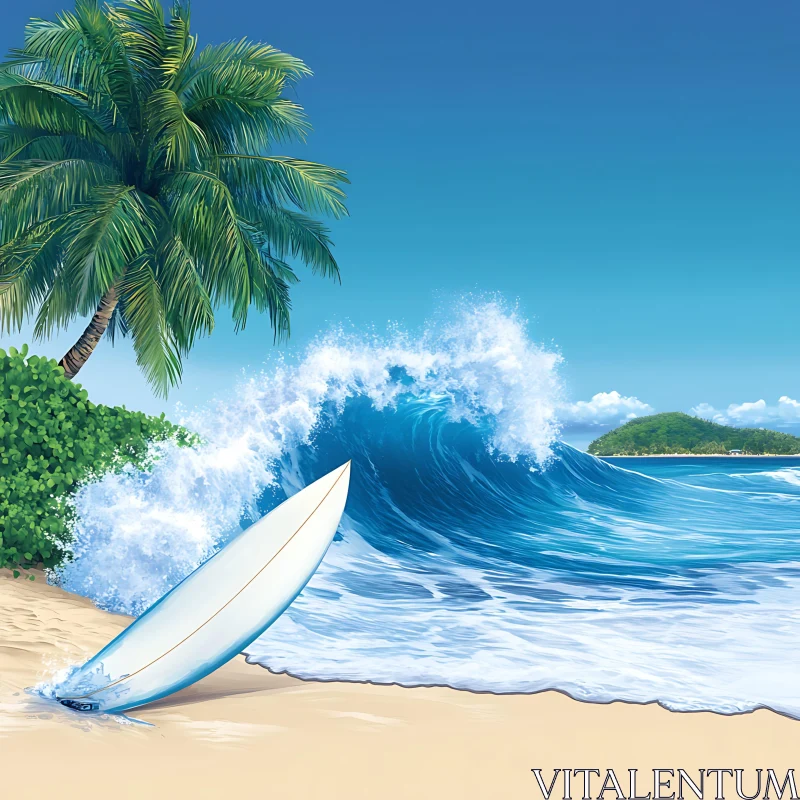 Surfboard on Sandy Beach with Crashing Wave