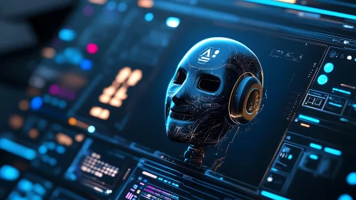 Cybernetic Face with Glowing Tech Background