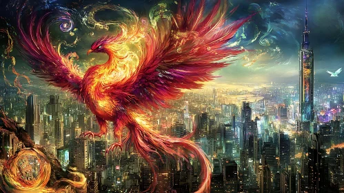 Mythical Bird Over Urban Landscape