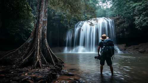 Man Admiring Waterfall in Jungle