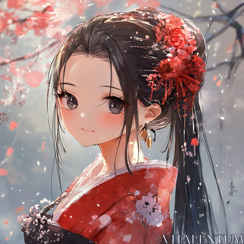 Anime Girl Adorned with Floral Kimono and Cherry Blossoms