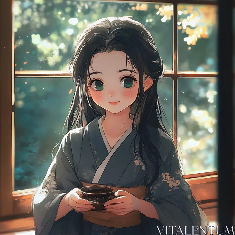 Serene Tea Ceremony with Anime Character AI Image