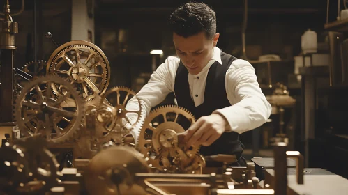 Man Assembling Golden Clockwork Gears