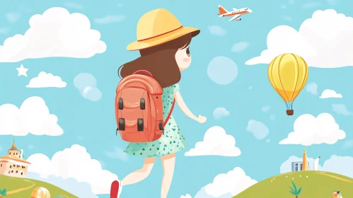 Cartoon Girl's Skyward Journey