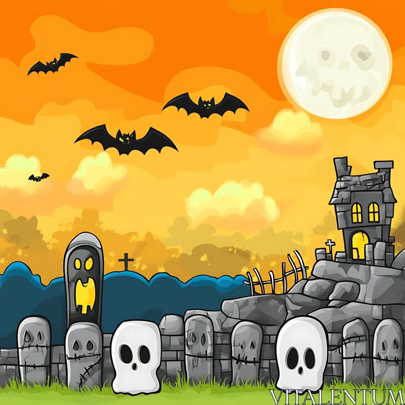 Cartoon Graveyard Halloween Scene