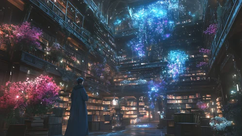 Magical Library with Glowing Lights