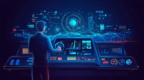 Man managing futuristic data on control panel