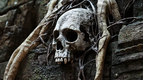 Weathered Skull Among Stone and Roots