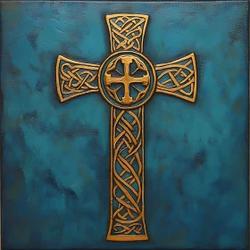Gilded Celtic Cross on Teal Canvas