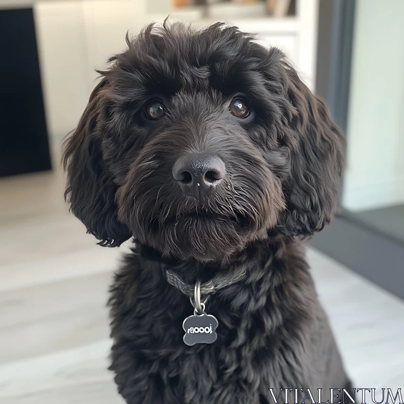 Close-Up of a Black Fluffy Dog with Tag