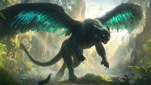 Winged Panther in Lush Jungle Scene